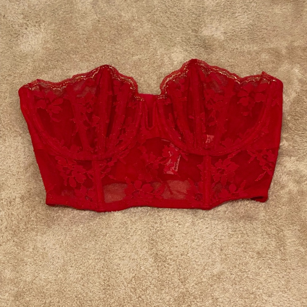 🍒Victoria’s Secret Red Lace Strapless Bustier Bra NWT – Sexy Floral Corset Top